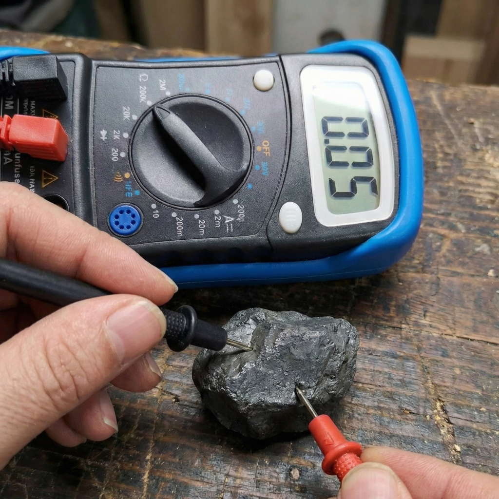Un multimètre numérique teste l'authenticité d'une pierre de shungite noire en mesurant sa conductivité.